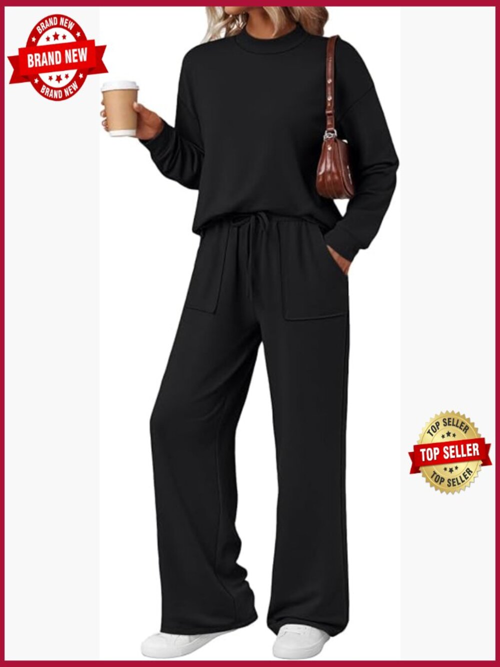 Womens Two Piece Lounge Set Mock Turtleneck Wide Leg Pants Sweatsuit